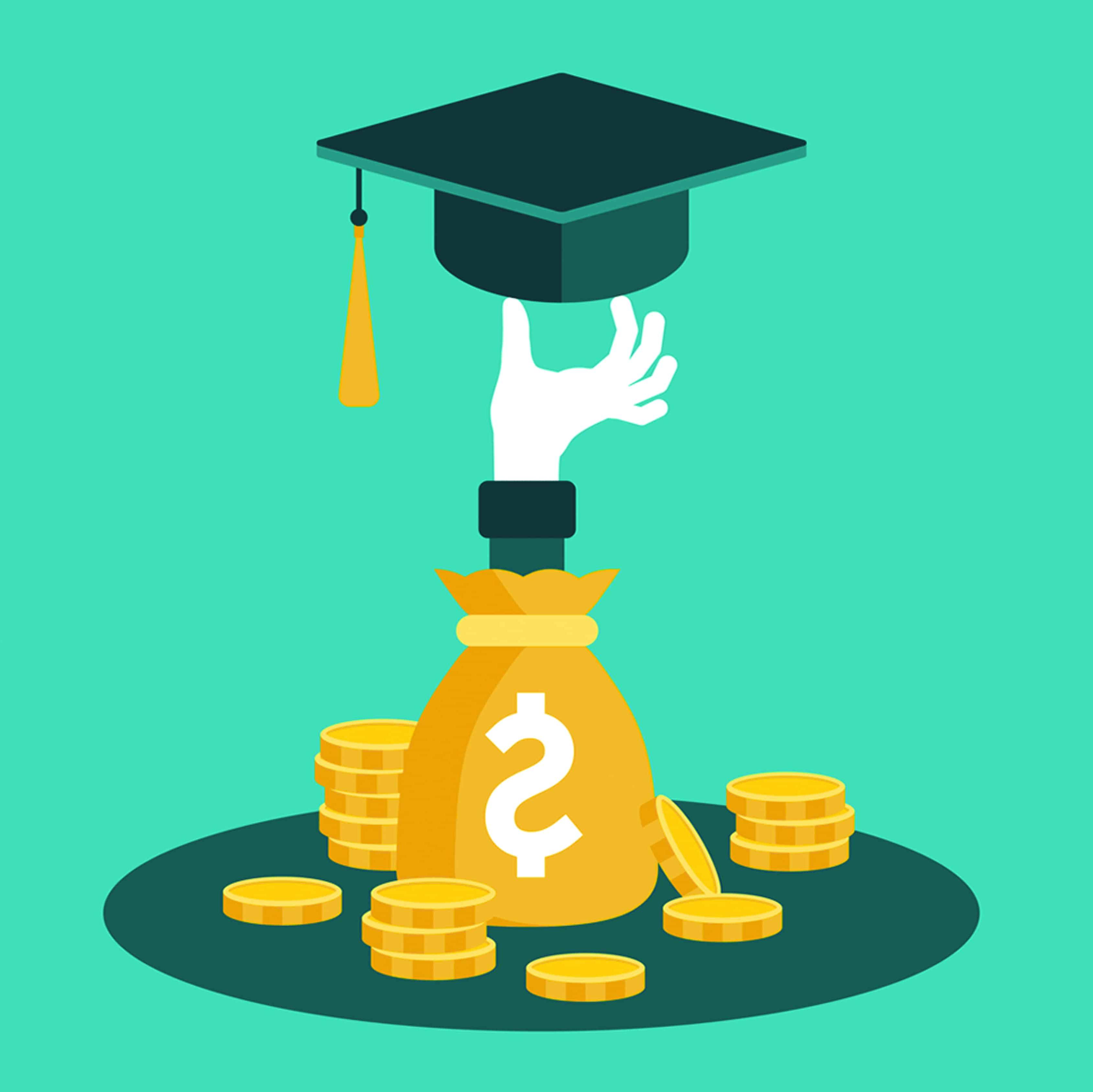 money bag with coins surrounding and hand coming out of money bag holding grad cap
